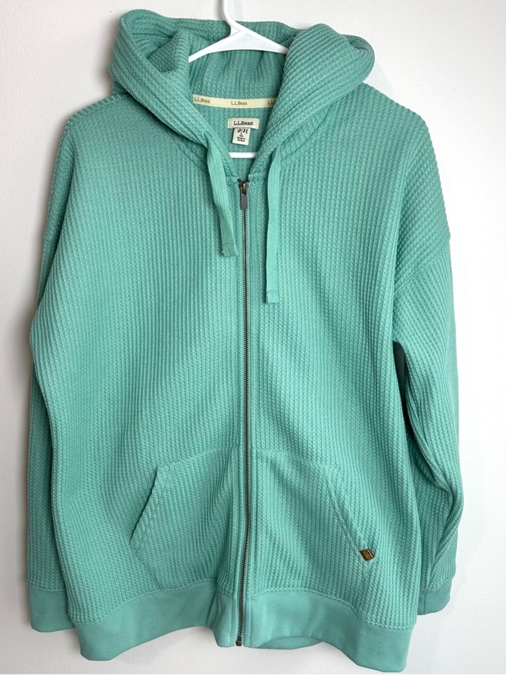 L.L. Bean Teal Waffle Knit Textured Jacket Zip Up Hoodie Size Large